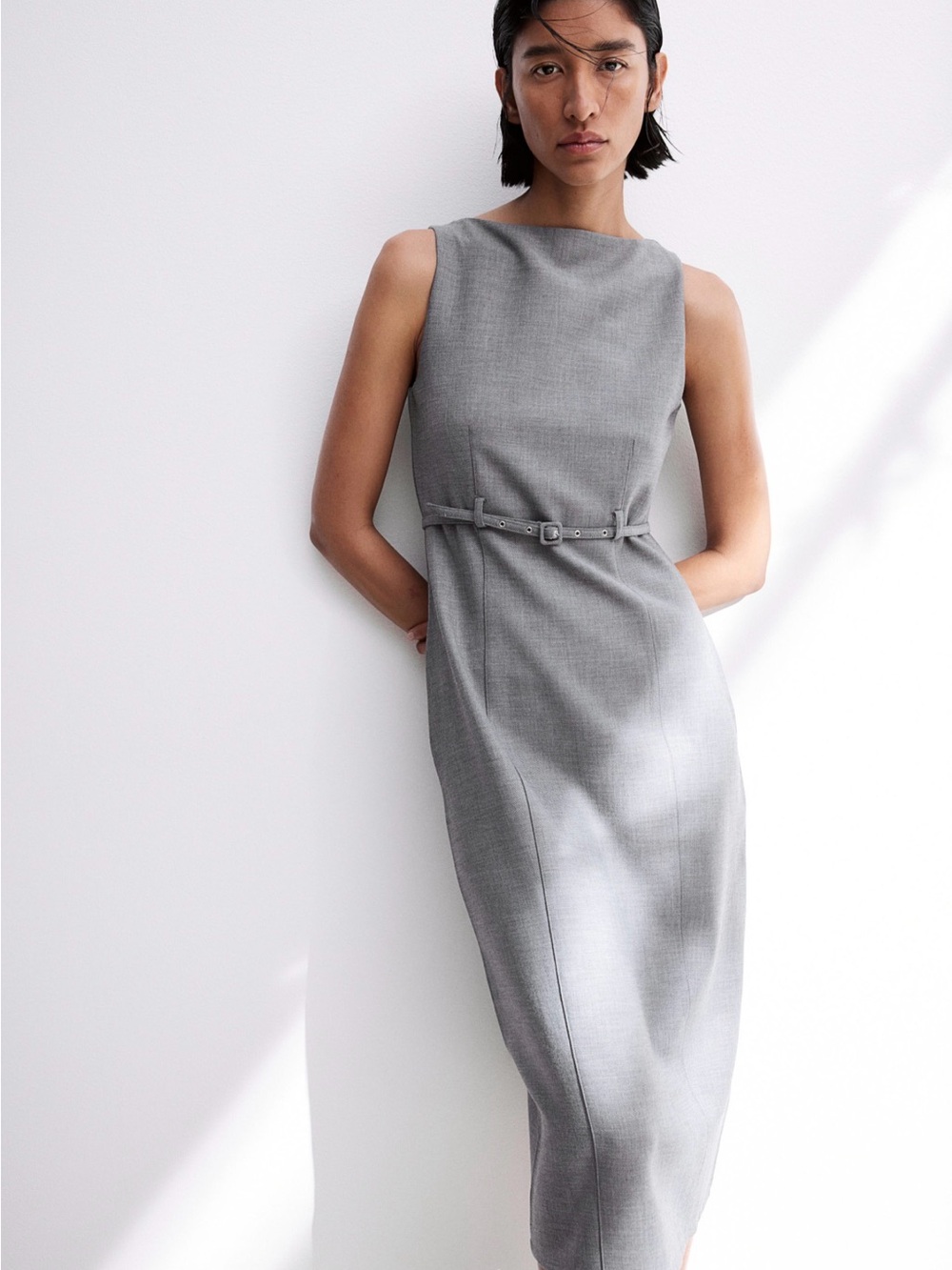 H&M Gray Sleeveless Midi Sheath Dress with Waist Tie
